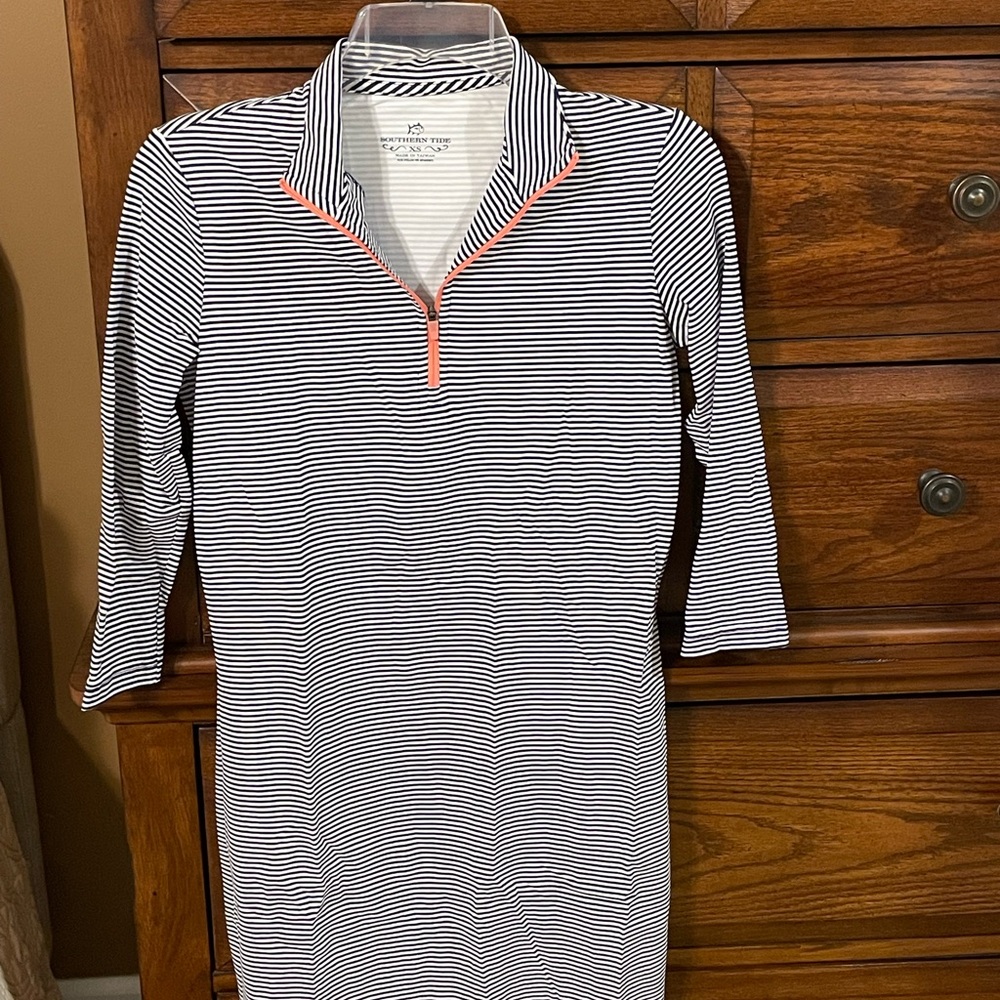 Southern Tide Women's Black & White Striped Quarter-Zip Dress with Coral Trim
